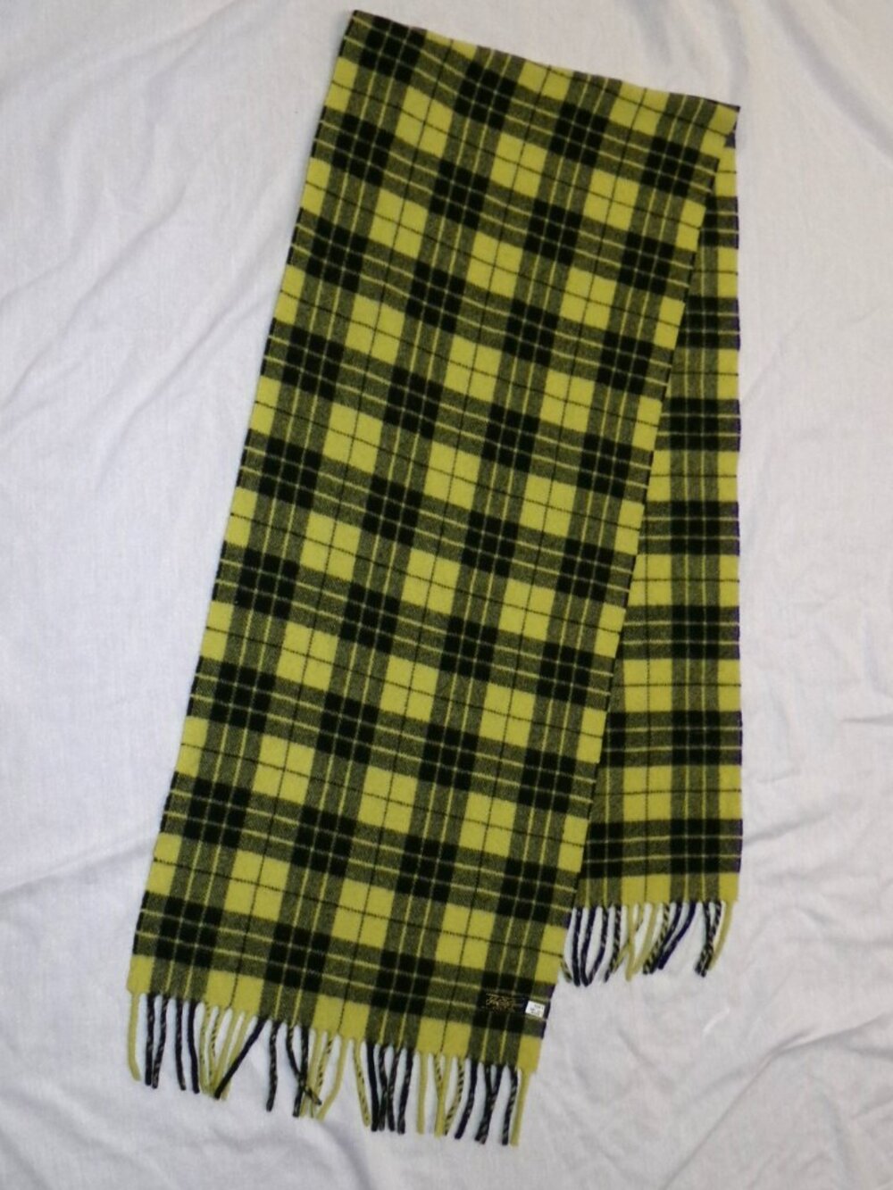 Vintage Saks Fifth Avenue Made in Italy 100% Wool Yellow Black Plaid Scarf 14x66